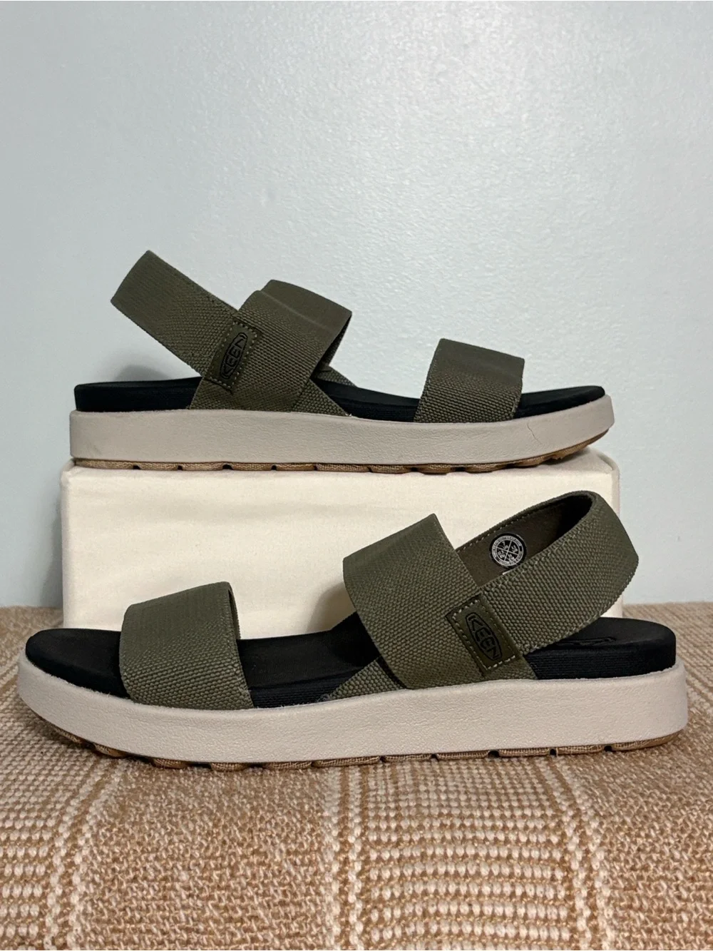 Keen Women’s Elle Backstrap Strap in Dusty Olive, Sporty Platform Wedge—  Size-7